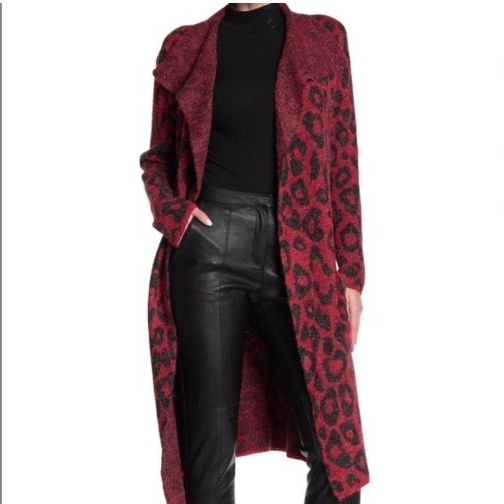Joseph A Drape Collar Red Leopard Cardigan Coat